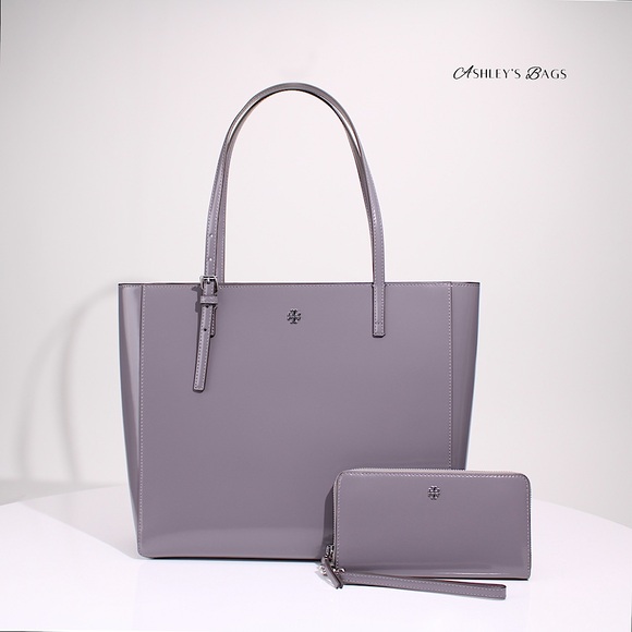 Tory Burch Large Patent Leather Emerson Tote & Continental Wristlet Wallet Grey - Picture 1 of 12